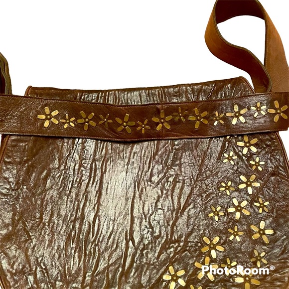 Calleen Cordero Flower Studded Brown Leather messenger bag with Adjustable Strap - Picture 4 of 12